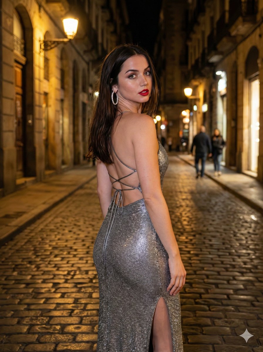 Cinematic Portrait of Ana de Armas in Metallic Silver Dress — example 2