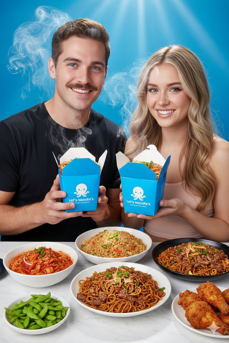 Vibrant Food Photography with Couple and Noodle Boxes — example 1