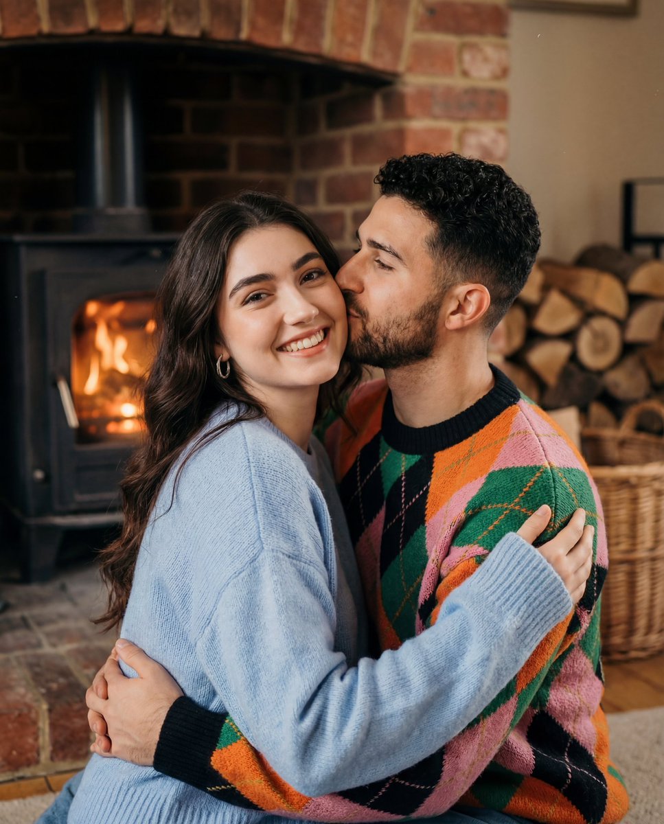 Cozy Nostalgic Couple Portrait by Fireplace — example 1
