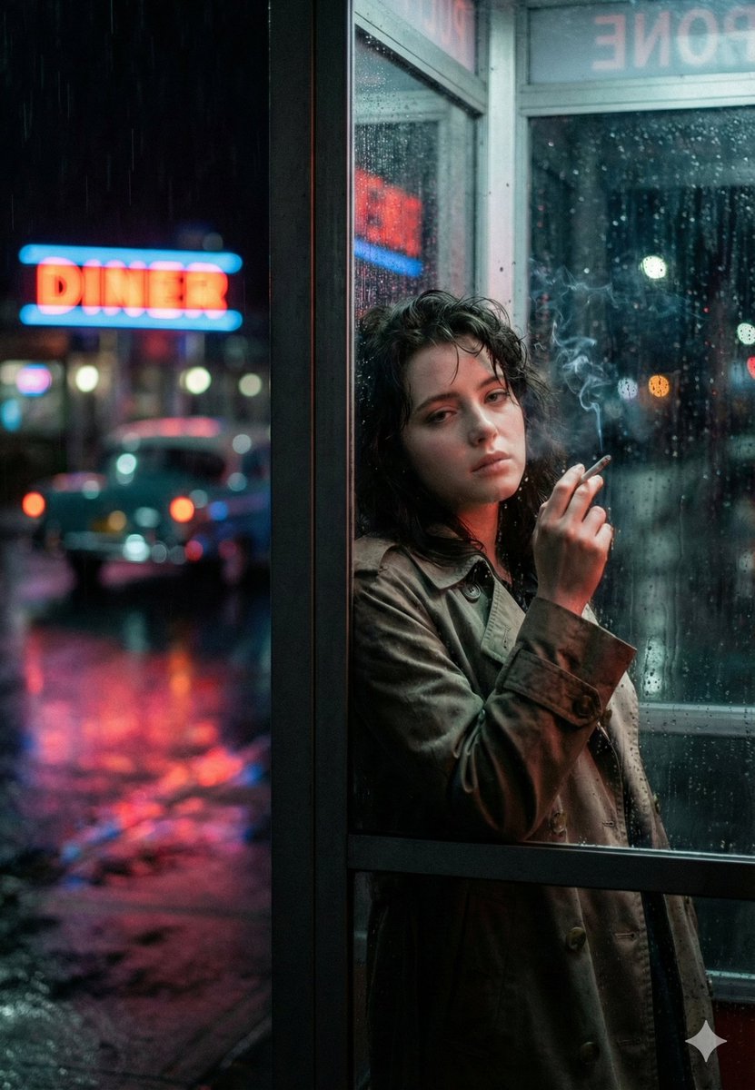 Neo-Noir Phone Booth Scene in the Rain — example 1