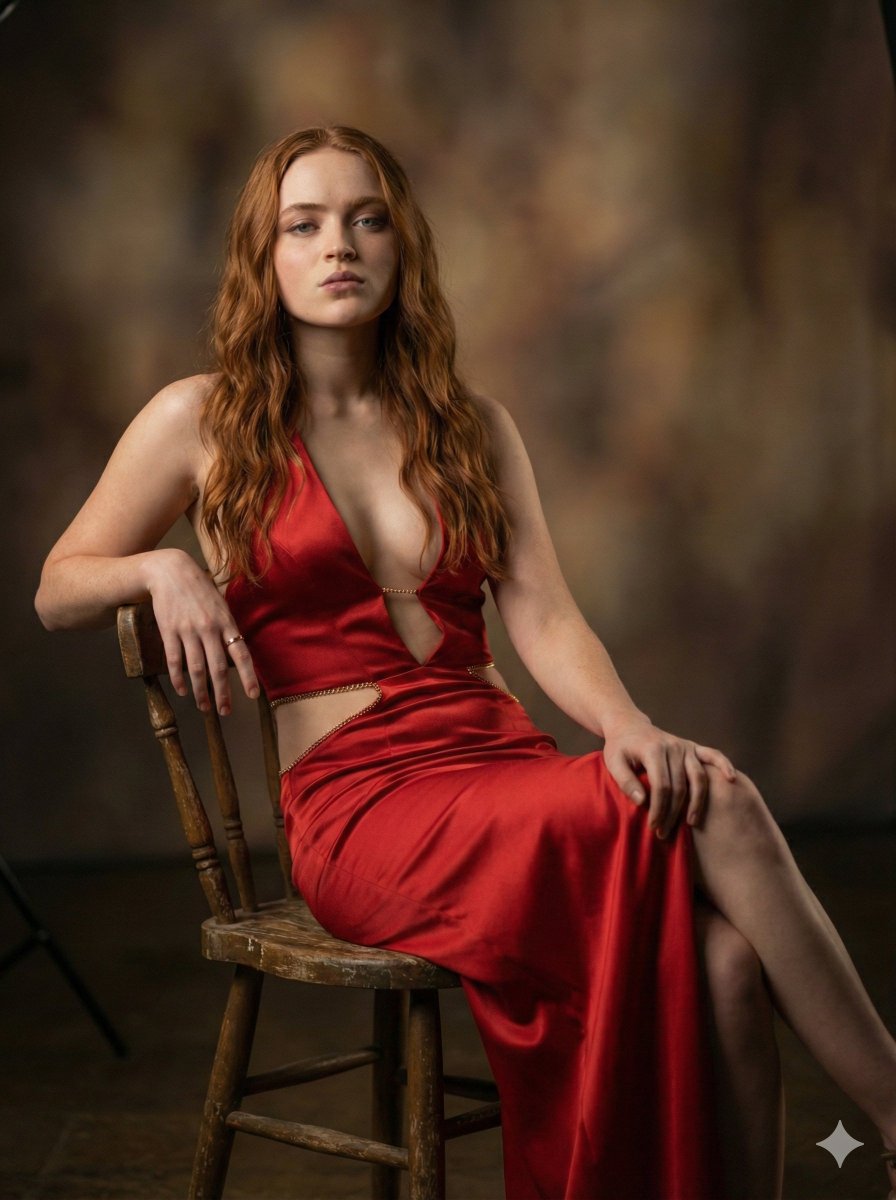 Ultra-Realistic Cinematic Portrait of Sadie Sink in Red Satin Gown — example 2