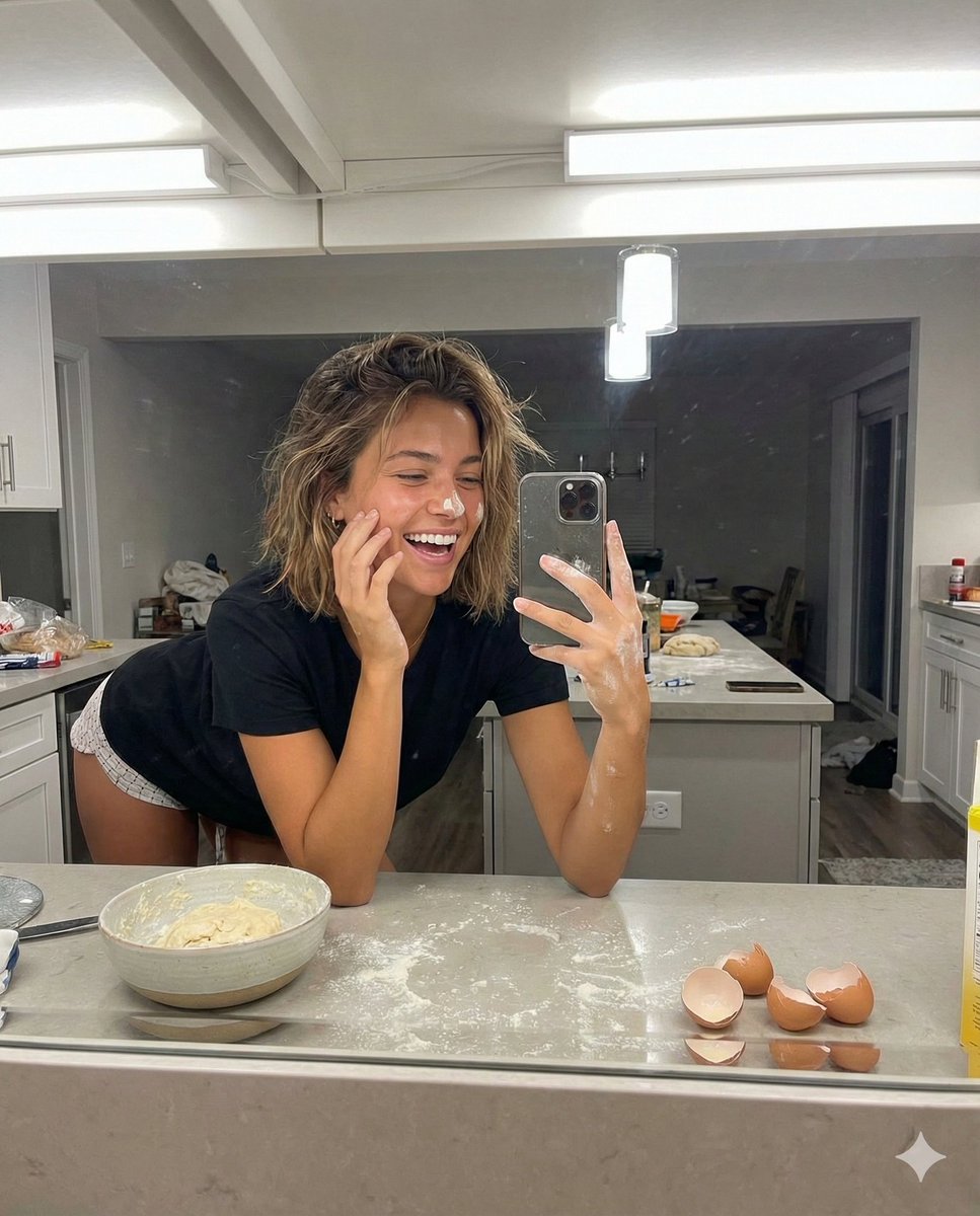 Playful Mirror Selfie in a Messy Kitchen — example 1
