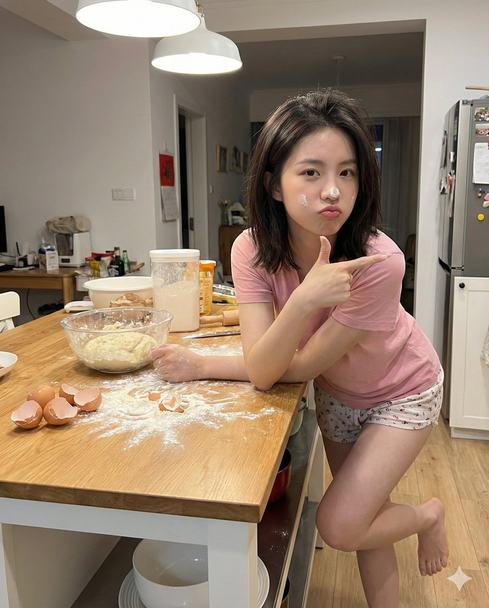 Playful Mirror Selfie in a Messy Kitchen — example 2