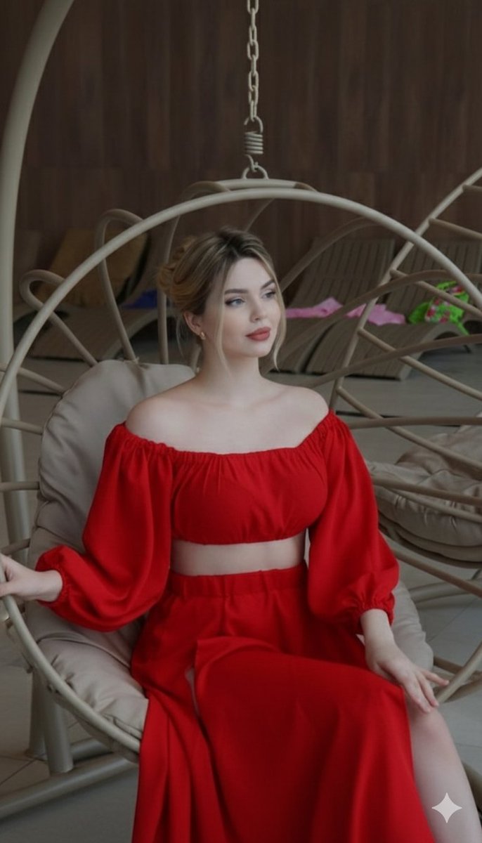 Crimson Red Fashion Editorial in Rattan Chair — example 1