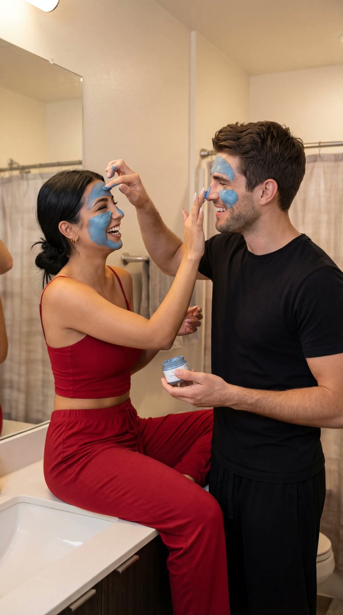 Ultra-Photoreal Candid Couple Applying Face Masks — example 1