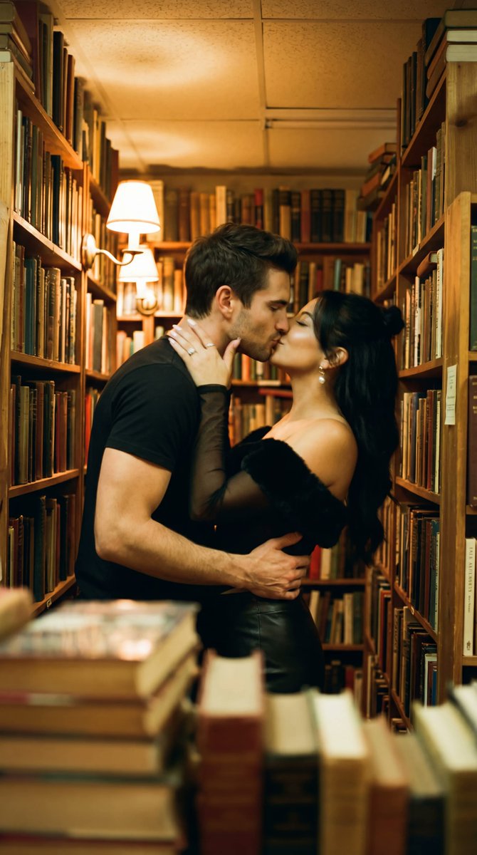 Photorealistic Cinematic Kiss in a Cozy Bookstore Aisle — example 1