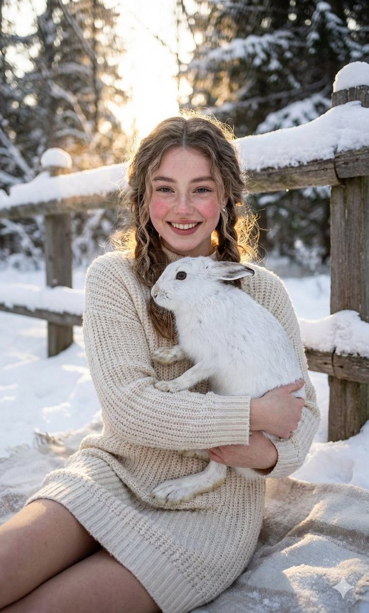 Cozy Winter Portrait with White Hare — example 1