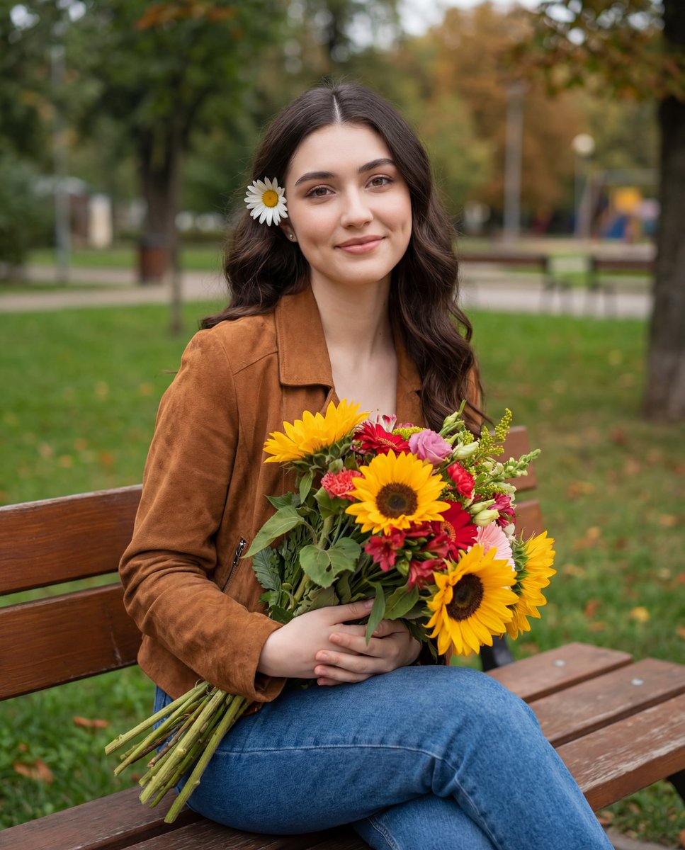 Candid Autumnal Park Portrait with Bouquet — example 1