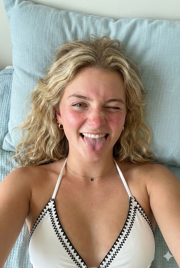 Overhead Winking Bikini Portrait Prompt — example 1