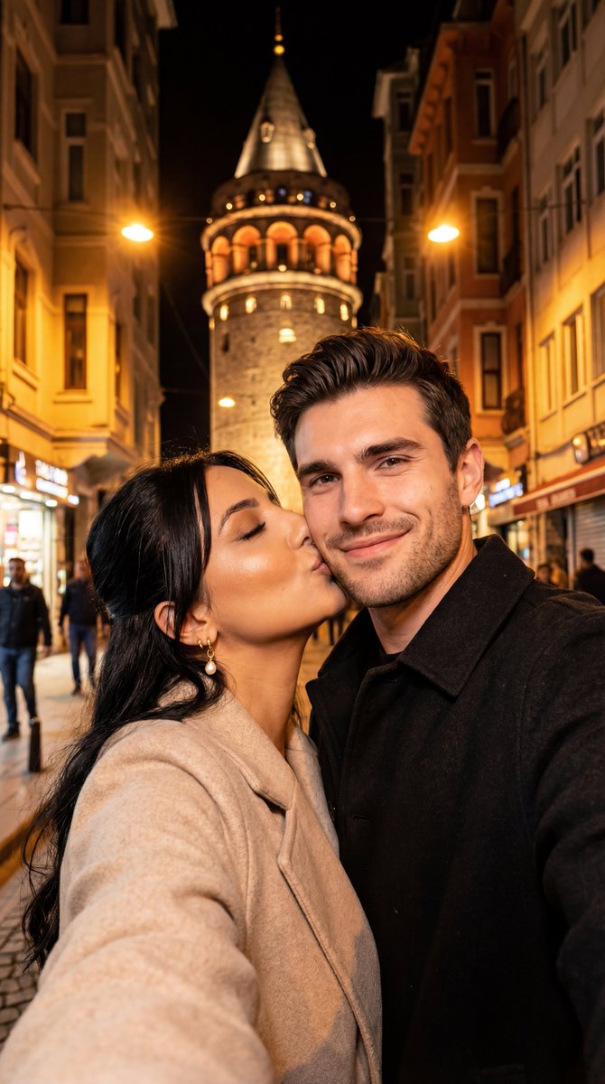 Night City Selfie Kiss Prompt (Galata Tower) — example 1