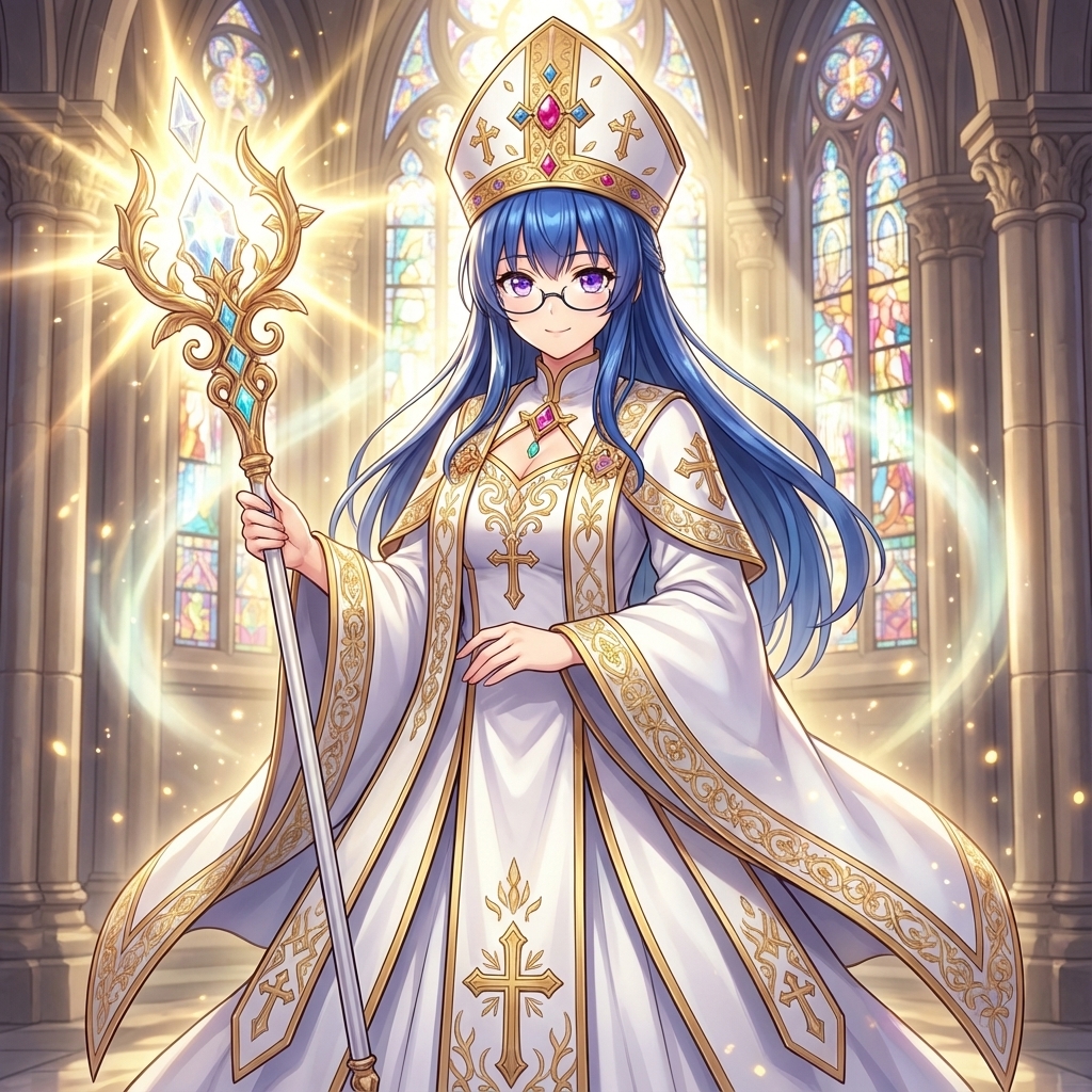 Bishop Transformation with Healing Light and Glasses — example 1