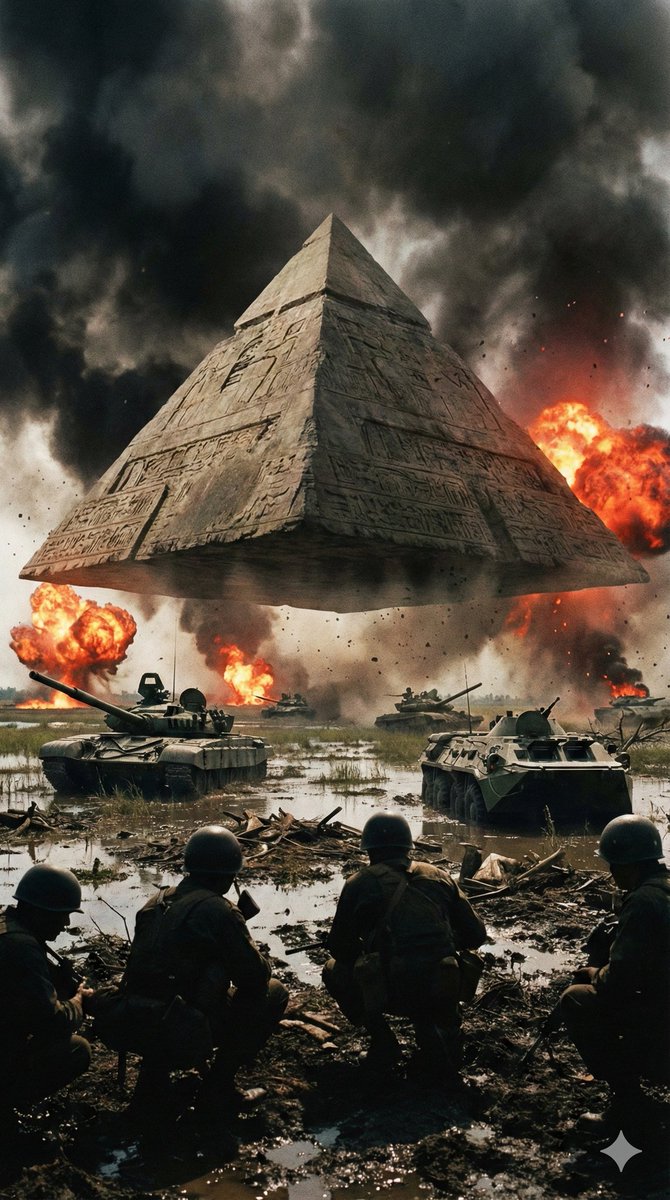 Ancient Pyramid Floating Over a Modern Battlefield — example 1