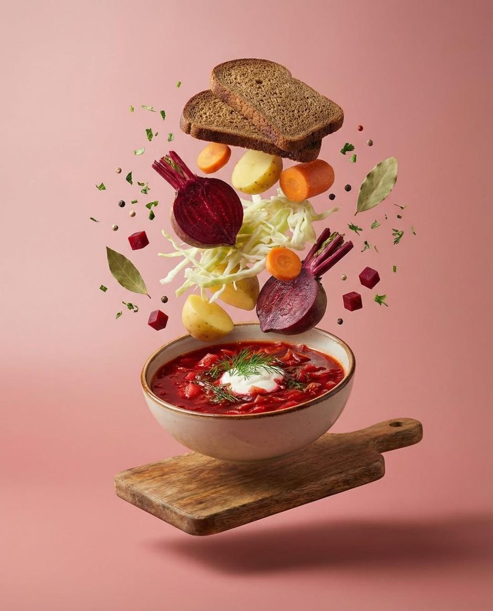 Surreal Levitation Food Photography of Traditional Beet Soup (Borscht) — example 1
