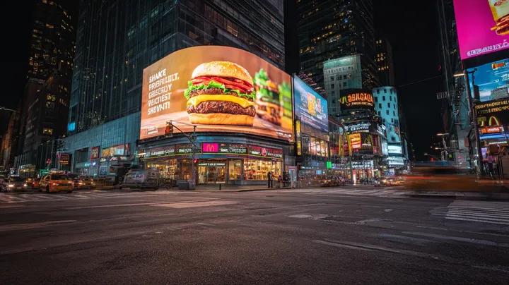 Cyber-Urban Night Cityscape with Hyper-Realistic Billboard Ad — example 1