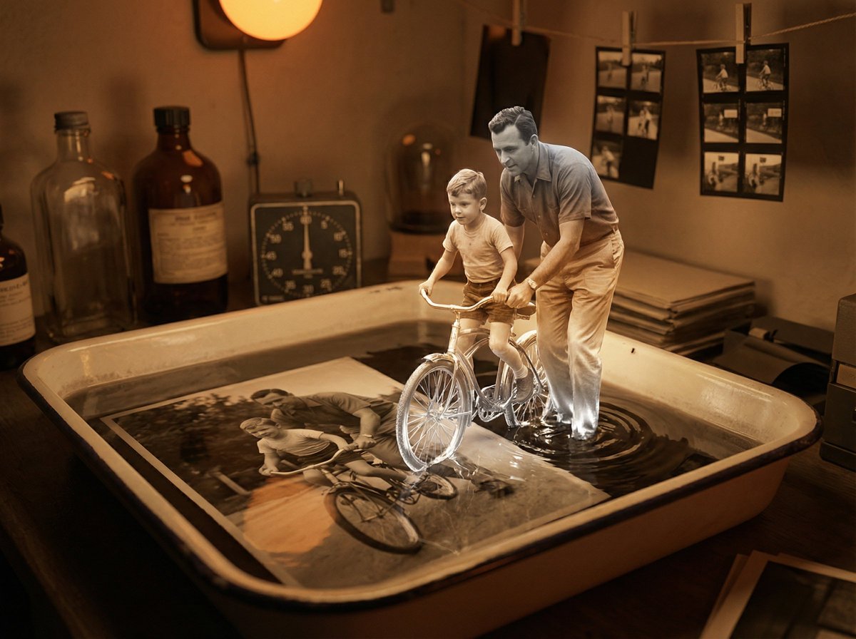 Vintage Photograph Developing in Darkroom with 3D Emergence — example 2