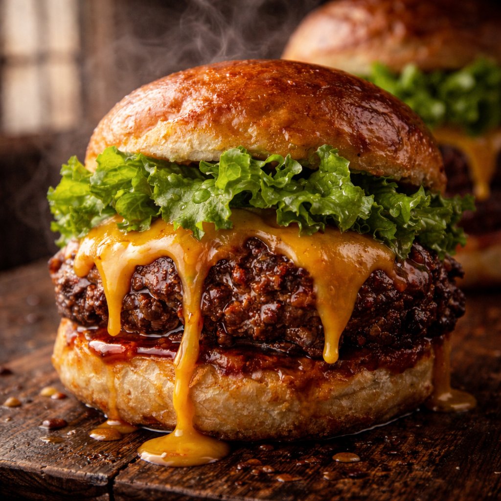 Macro Food Photography of a Juicy Beef Burger — example 2