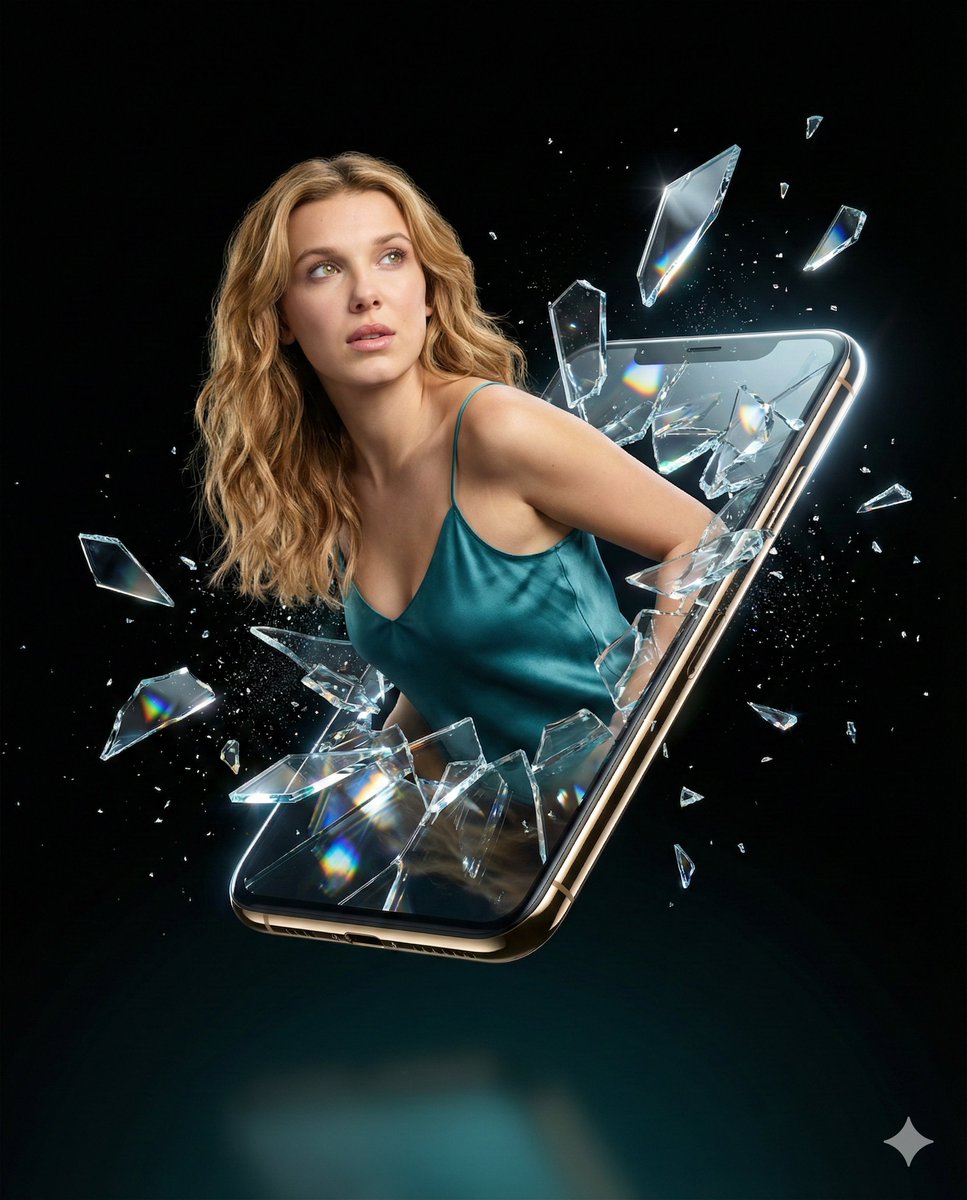Millie Bobby Brown Portrait with Exploding Glass Shards — example 1