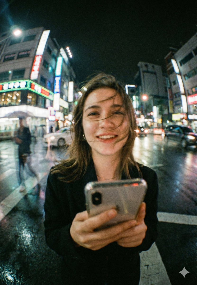 Neon City Night Portrait with Wide-Angle Distortion — example 1