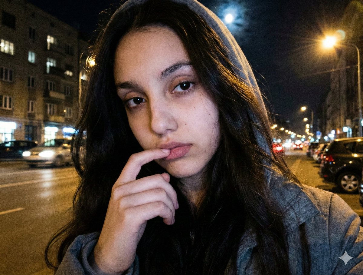 Moody Nighttime Urban Selfie Prompt — example 1
