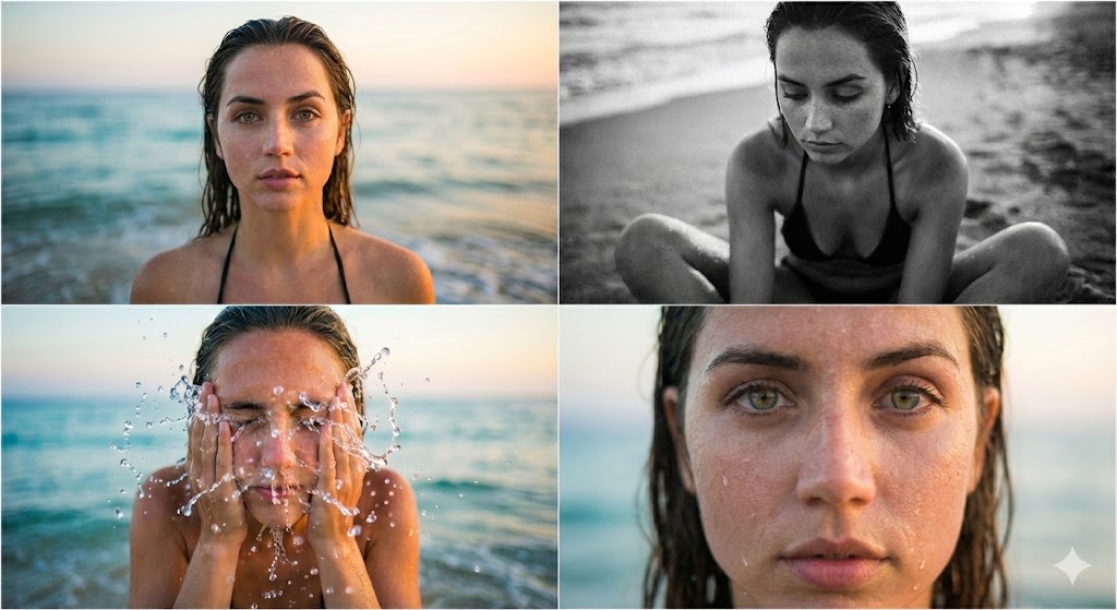 Ana de Armas Cinematic Beach Collage Prompt — example 1