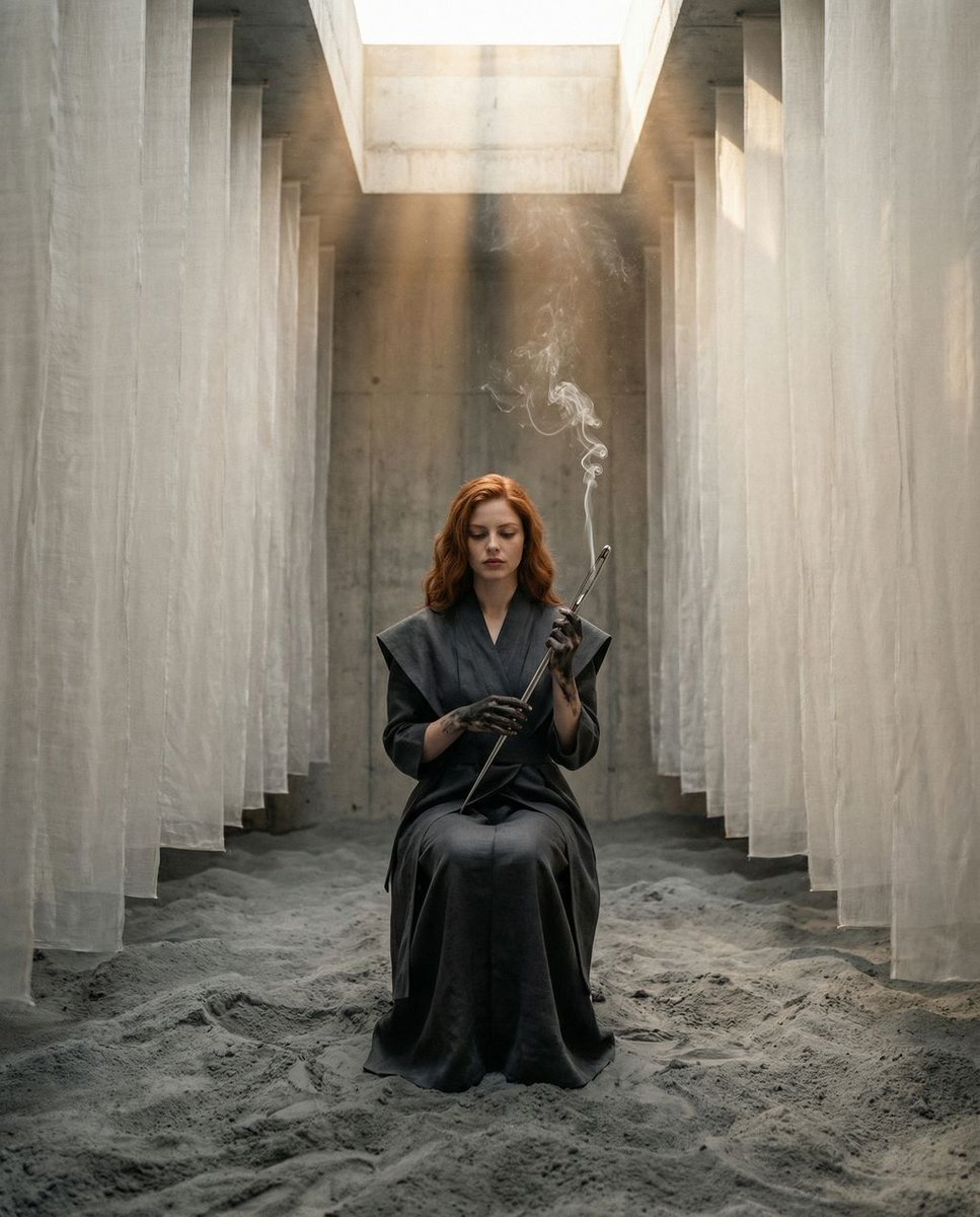 The Symmetrical Ash Ritual: Hyper-Realistic Brutalist Portrait — example 2