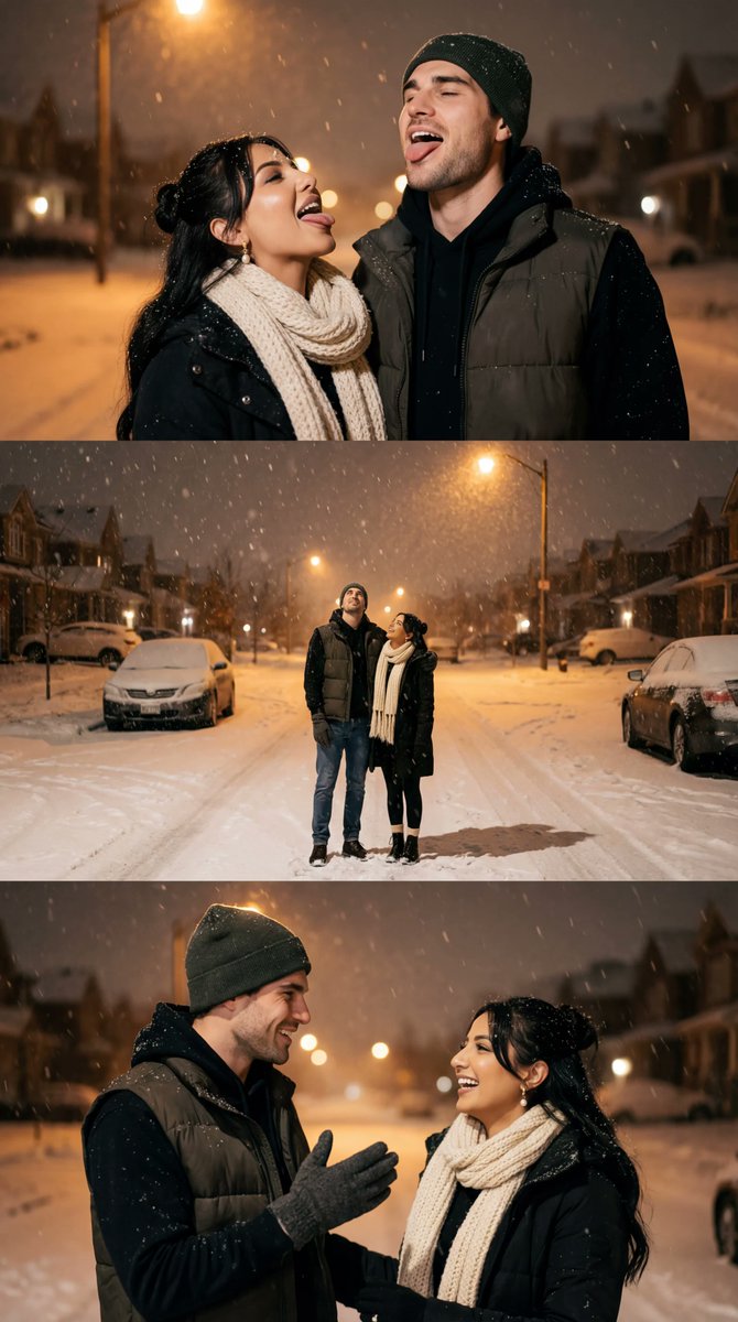 Cinematic Winter Night Couple Triptych — example 1