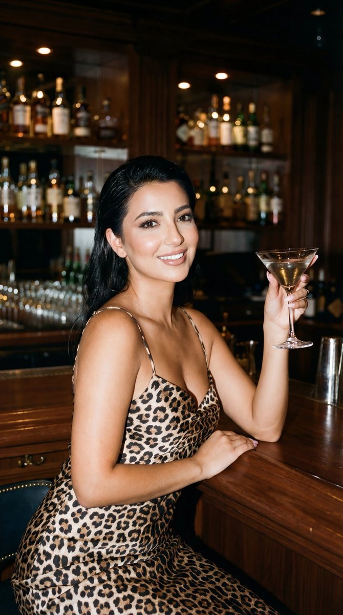 Photoreal Luxury Bar Portrait (Leopard Dress)