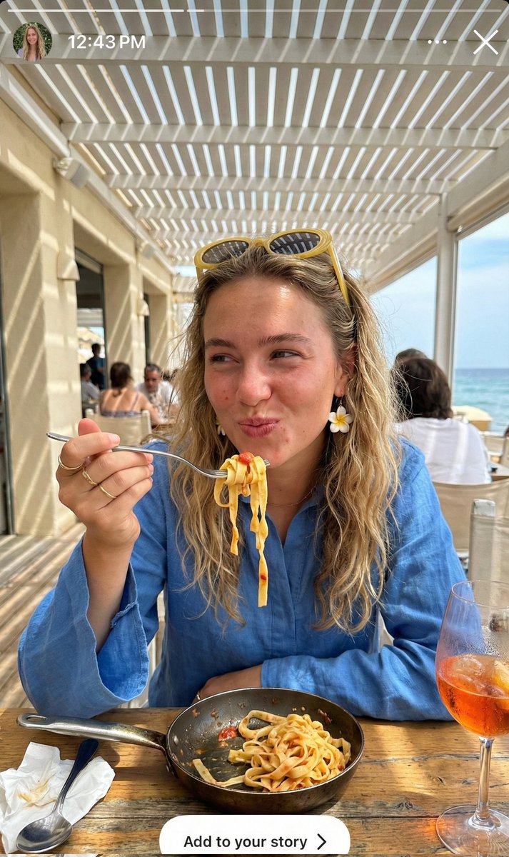 Ultra-Realistic Candid Instagram Story Photo of Woman Eating Pasta — example 1