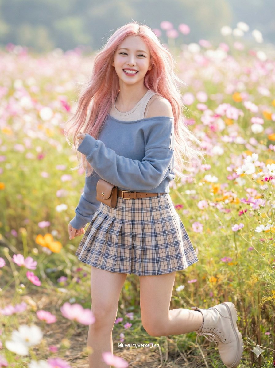 Dynamic K-Pop Idol Running in a Flower Field — example 1