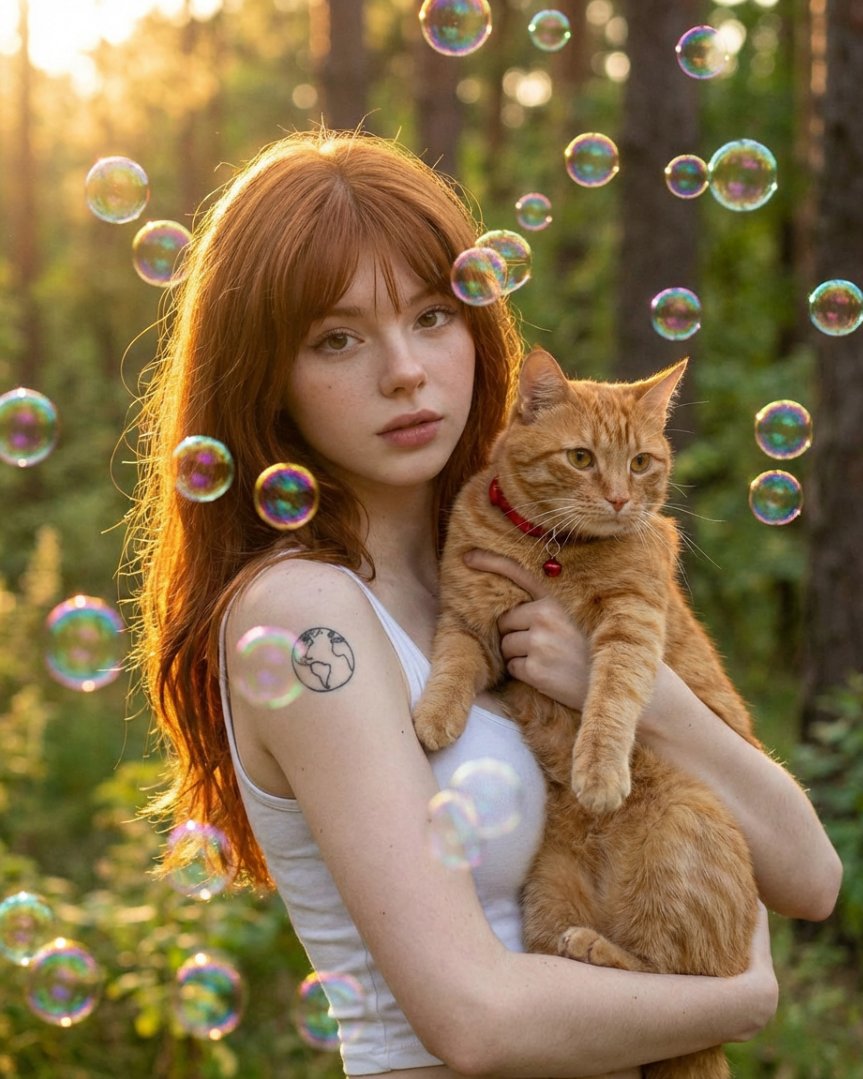 Dreamy Golden Hour Portrait with Cat and Soap Bubbles — example 1