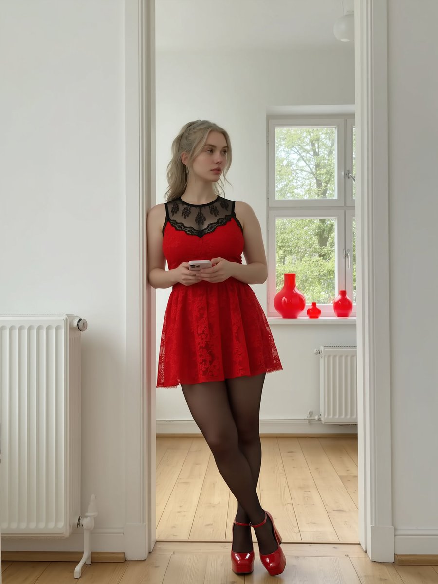 Red Lace Mini Dress Fashion Portrait in Modern Interior — example 2
