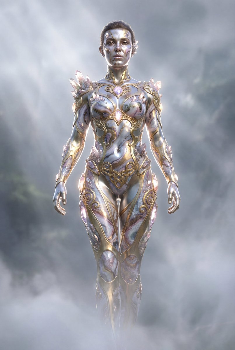 Cinematic fantasy silhouette art with metallic skin prompt — example 1