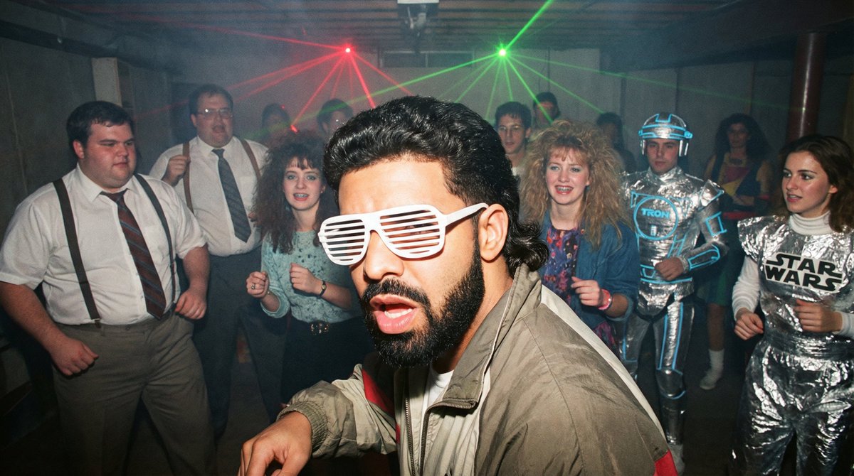 1980s underground nerd techno party flash photo prompt — example 2