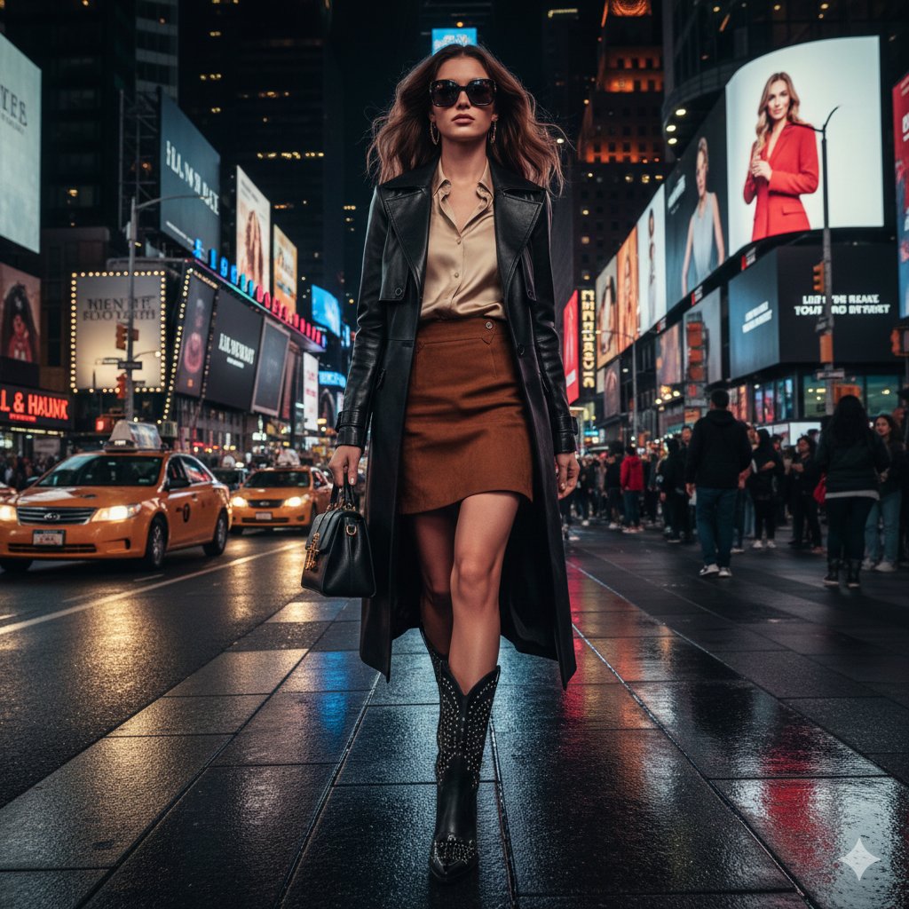 Ultra-realistic cinematic western fashion in Times Square prompt — example 1