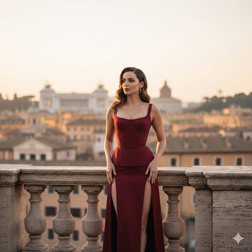 Ana de Armas Roman Balcony Editorial Prompt (Version 2) — example 1