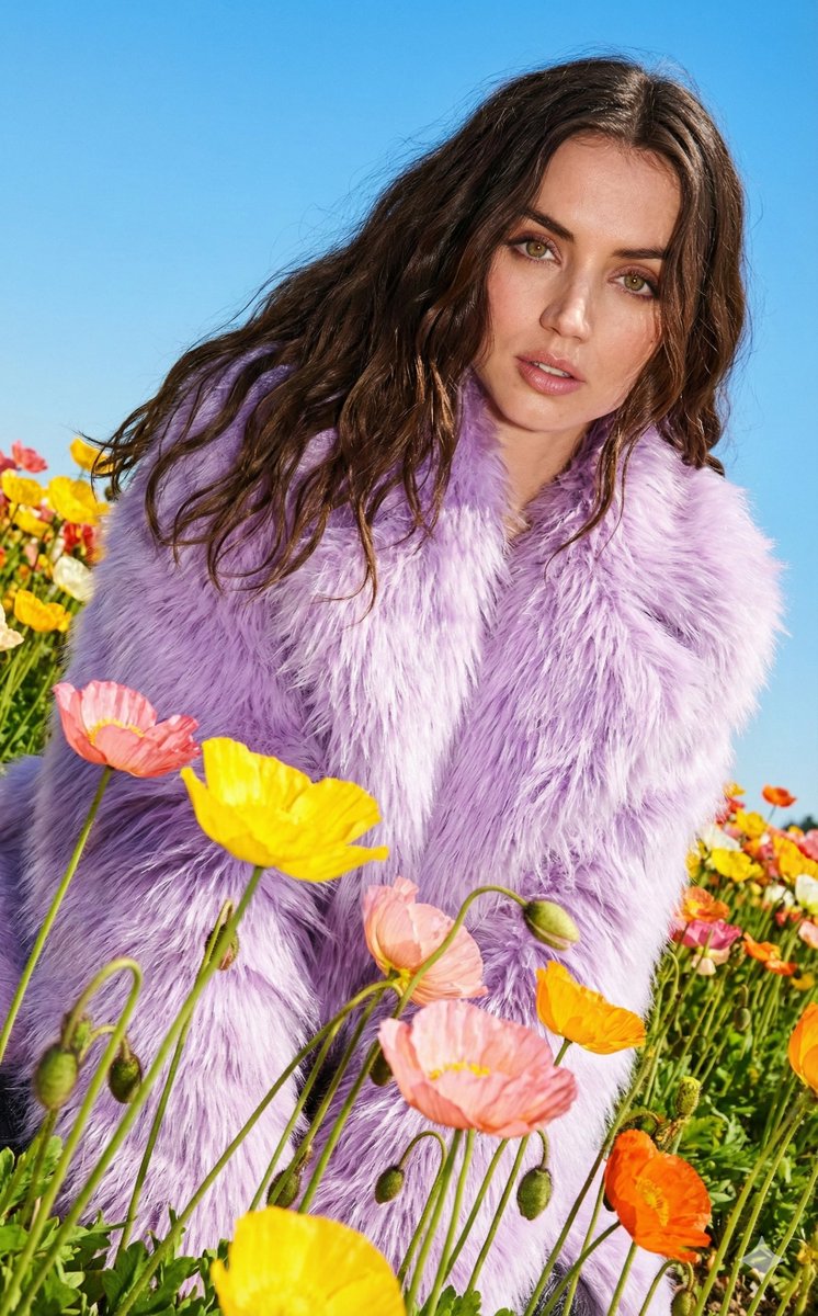 Harsh Flash Fashion Portrait in Flower Field Prompt — example 1