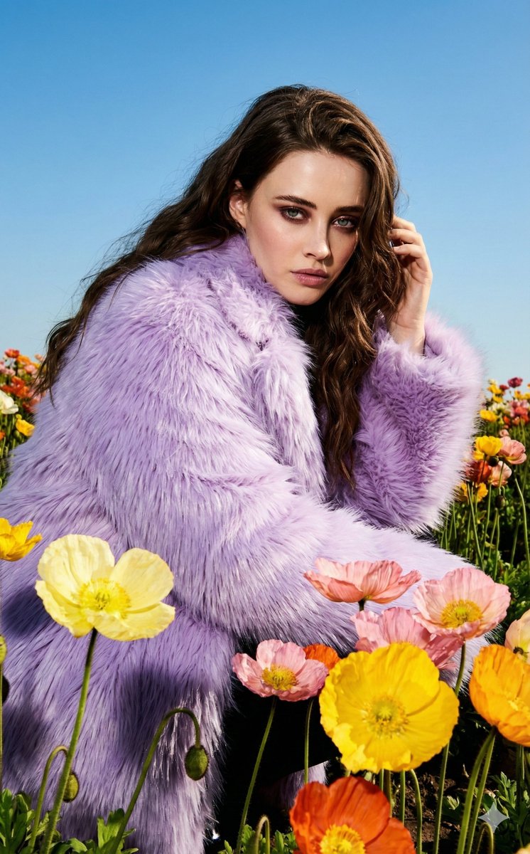 Harsh Flash Fashion Portrait in Flower Field Prompt — example 2
