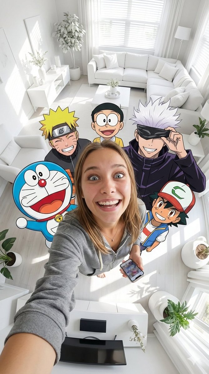 Fisheye selfie with anime characters — example 1