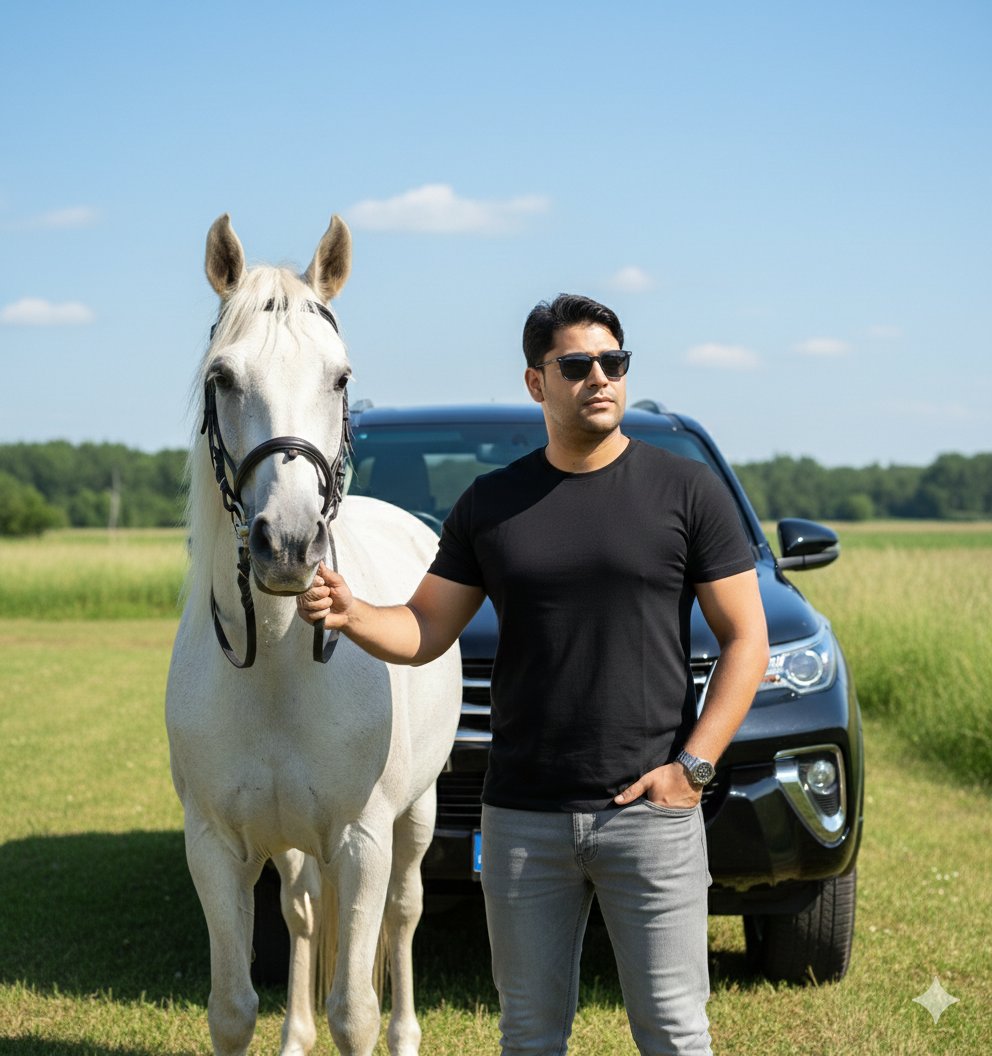 Image Generation Prompt for Man with Horse and Car — example 1