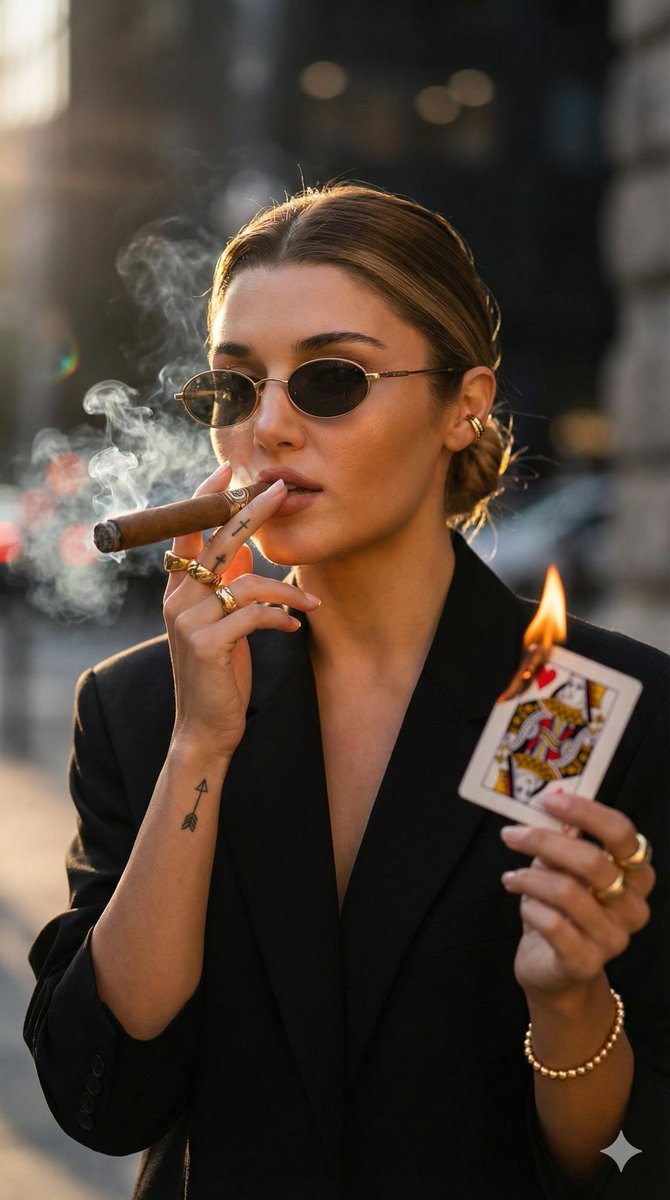 Edgy Fashion Portrait with Cigar and Playing Card Prompt (Urdu/Hindi) — example 1