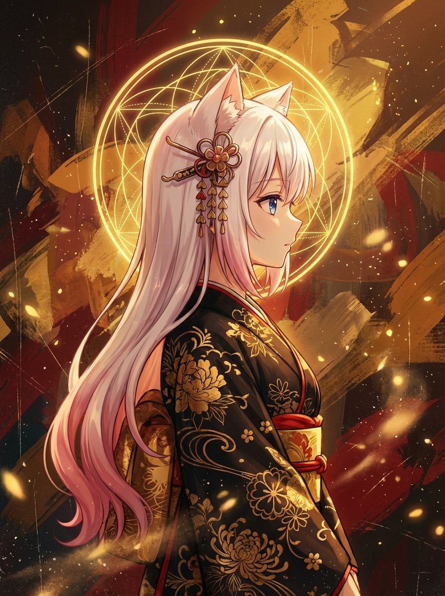 Surreal Anime Nekomimi in Kimono — example 1