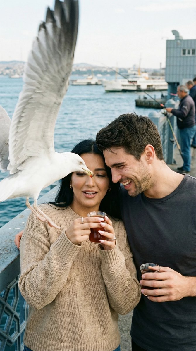 Photorealistic Candid Street Romance Prompt (Galata Bridge) — example 1