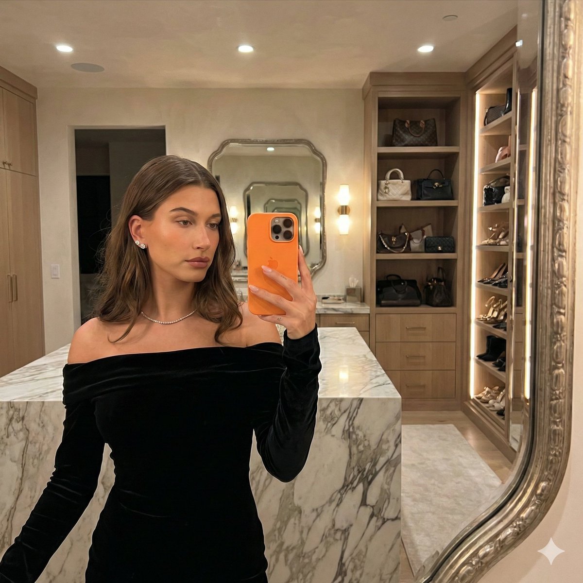 High Fashion Dressing Room Mirror Selfie Prompt (Bella Hadid Style) — example 1