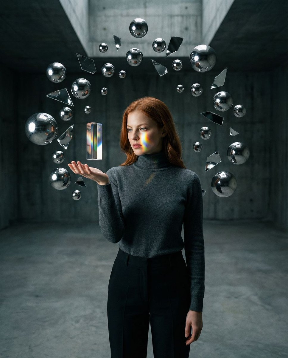 Surreal Brutalist Portrait with Kinetic Chrome Orbits Prompt in JSON — example 1