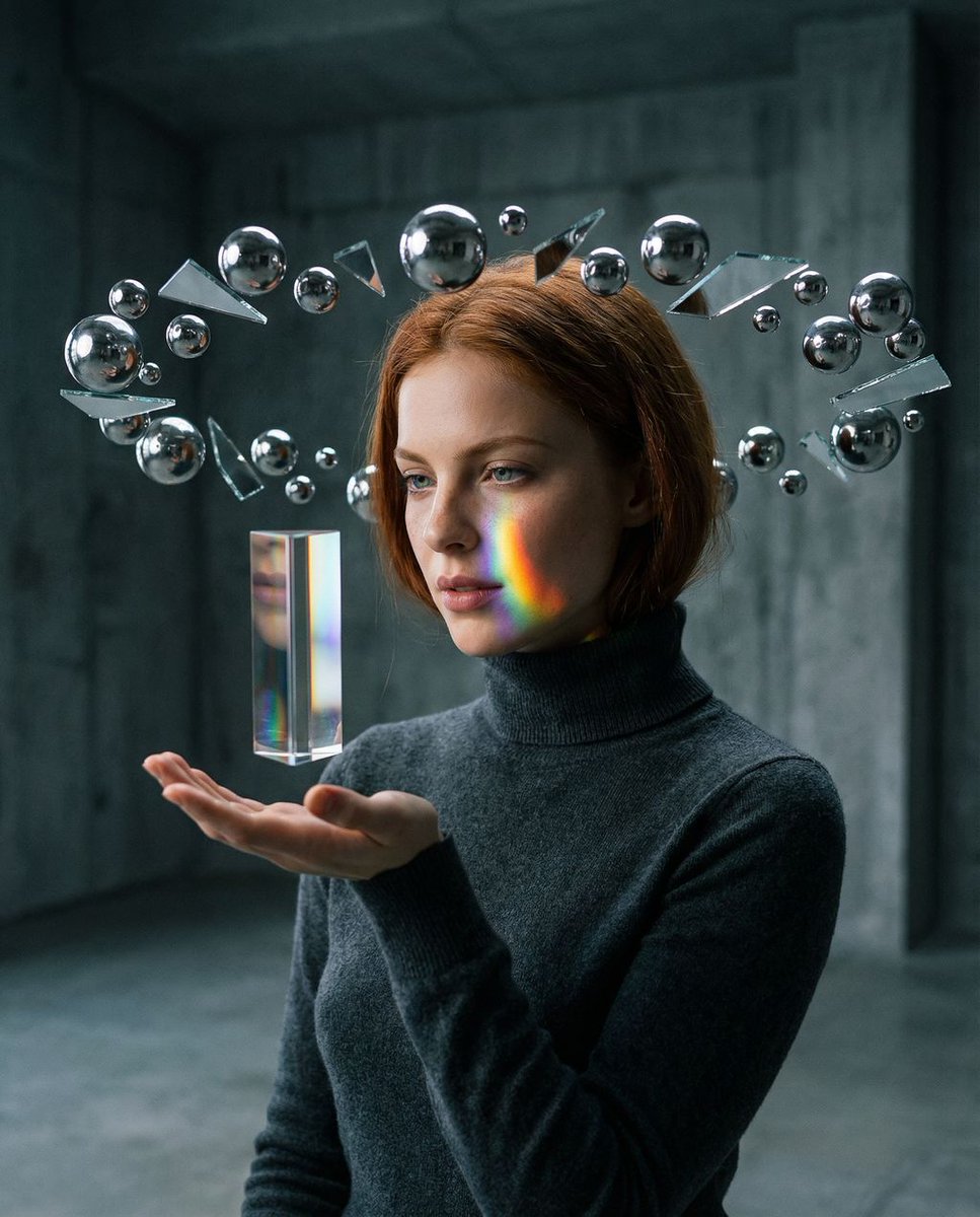 Surreal Brutalist Portrait with Kinetic Chrome Orbits Prompt in JSON — example 2