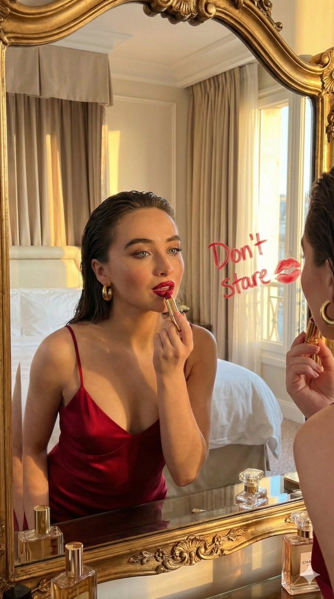 Cinematic Portrait of a Woman Applying Red Lipstick in a Mirror — example 1