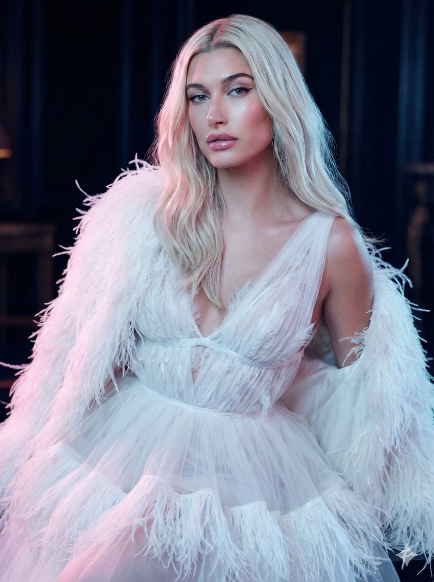 High-Fashion Feather Tulle Glamour Portrait Prompt in JSON — example 1