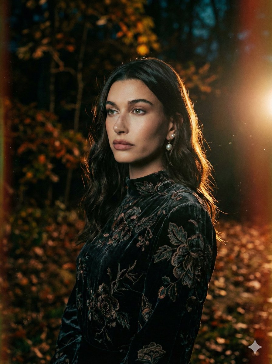 Cinematic Night Forest Editorial Portrait Prompt — example 1