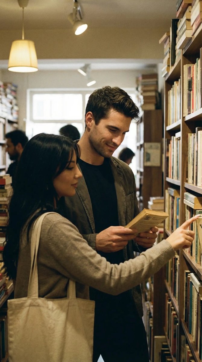 Candid Street Romance Film Still Prompt (Bookshop) — example 1