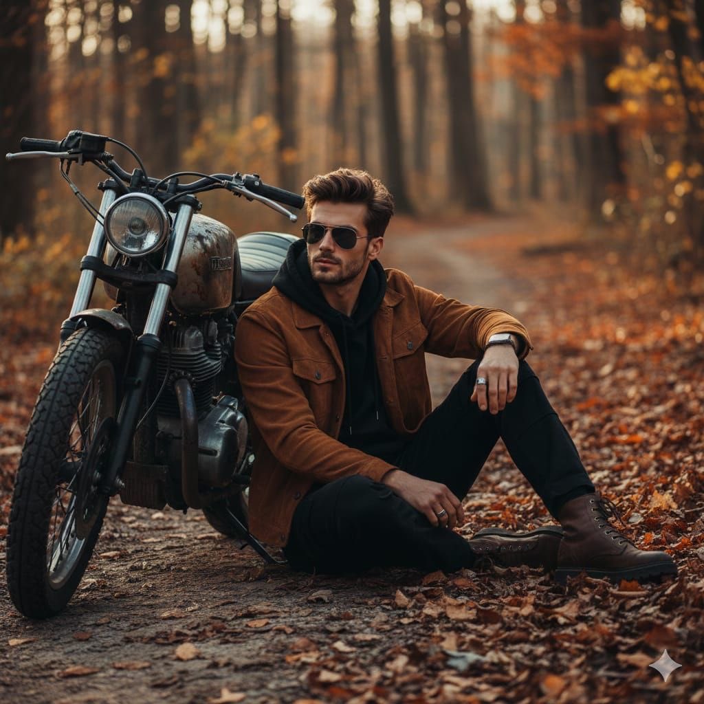 Cinematic Autumn Portrait of Man with Vintage Motorcycle